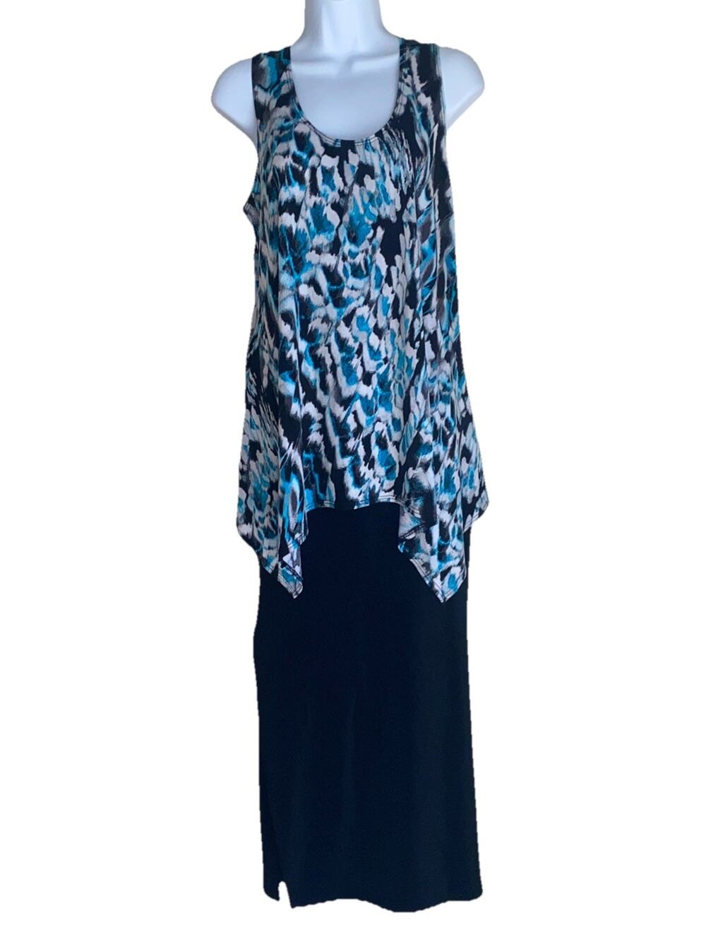 VTG L Boho Tunic Tropical Aqua Black Abstract Stretchy Mermaid Fairy Cottagecore